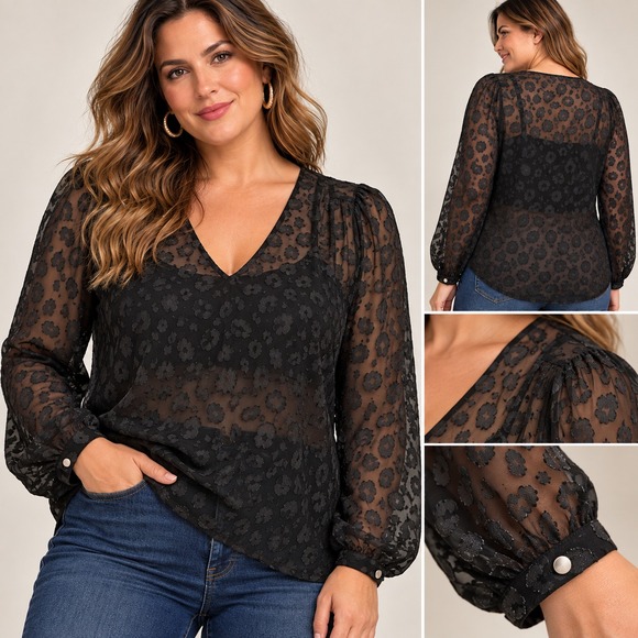 White House Black Market Tops - White House Black Market Sheer Leopard Print Blouse Women's Large V-Neck WHBM
